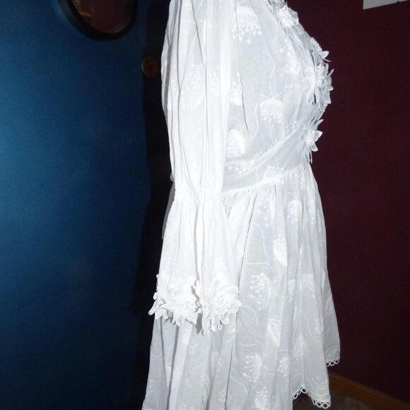 GOTH BOHO HIPPY WEDDING WHITE FLORAL WOVED LONG SLEEVED MINI SKATER DRESS XL - Picture 7 of 16